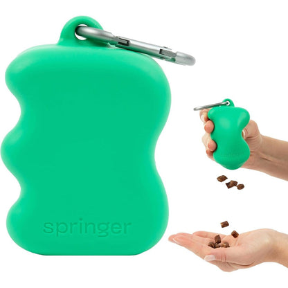 Springland By Springer Dog Treat Pouch For Effort-Free Squeeze Dispensing, Food-Grade Silicone Training Bag With Carabiner In Green