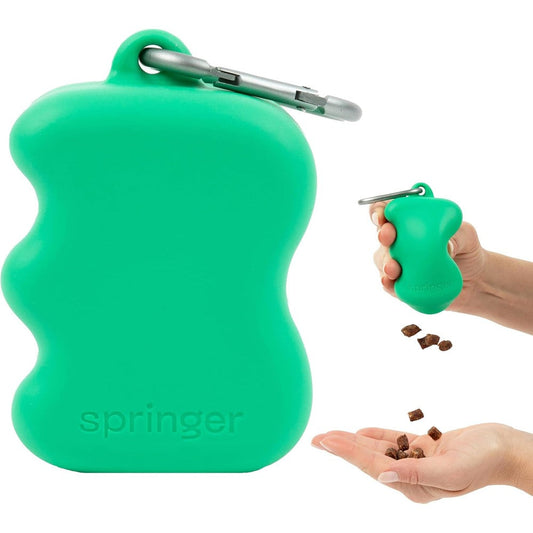 Springland By Springer Dog Treat Pouch For Effort-Free Squeeze Dispensing, Food-Grade Silicone Training Bag With Carabiner In Green