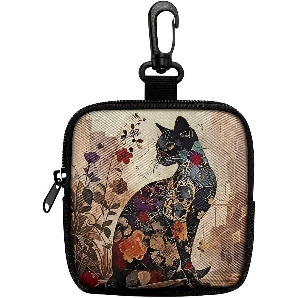 Floral Black Cat Hanging Zero Hands Free Waist Belt Bag Clip Organizer For Snacks Earphones Keys And Daily Essentials 10 By 10 Centimeters