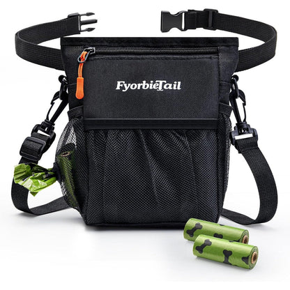 Fyorbietail Dog Treat Pouch Four Cup Waterproof Pet Training Bag With Magnetic Closure Multi Pocket And Two Rolls Poop Bags Black