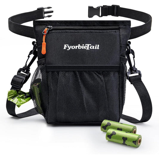 Fyorbietail Dog Treat Pouch Four Cup Waterproof Pet Training Bag With Magnetic Closure Multi Pocket And Two Rolls Poop Bags Black