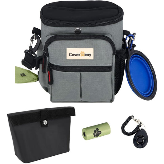Cover Geny Dog Treat Pouch For Quick And Spill Proof Access With Collapsible Bowl Training Clicker And Poop Bag Dispenser In Grey