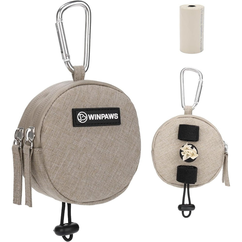 Winpaws Dog Poop Bag Holder For Leashes And Dog Treat Pouch With Waterproof Zipper Puppy Training Small Bag With Carabiner And Bungee Toggle Khaki