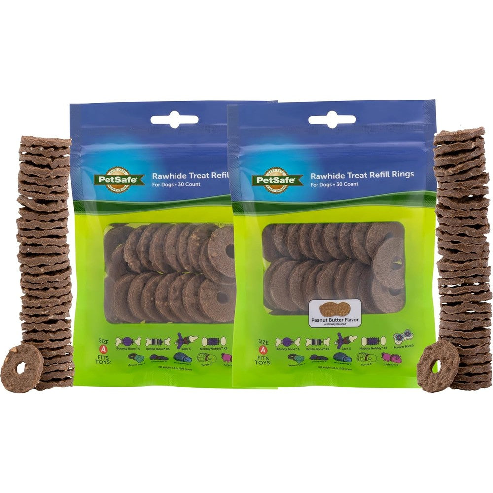 PetSafe Dog Treat Ring Variety Pack for Busy Buddy Interactive Dog Toys Peanut Butter and Original Rawhide Flavors Small Size A 60 Count