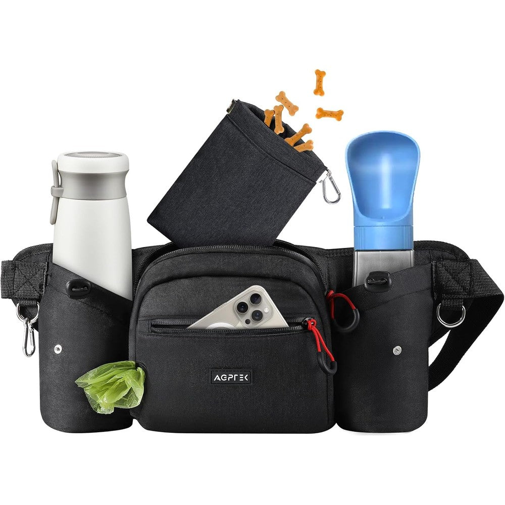 AGPTEK Dog Training Treat Pouch Large Capacity Dog Walking Fanny Waist Pack With Removable Snack Pouch Water Holder And Poop Bag Dispenser Black