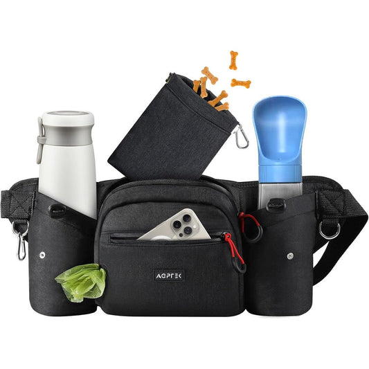 AGPTEK Dog Training Treat Pouch Large Capacity Dog Walking Fanny Waist Pack With Removable Snack Pouch Water Holder And Poop Bag Dispenser Black