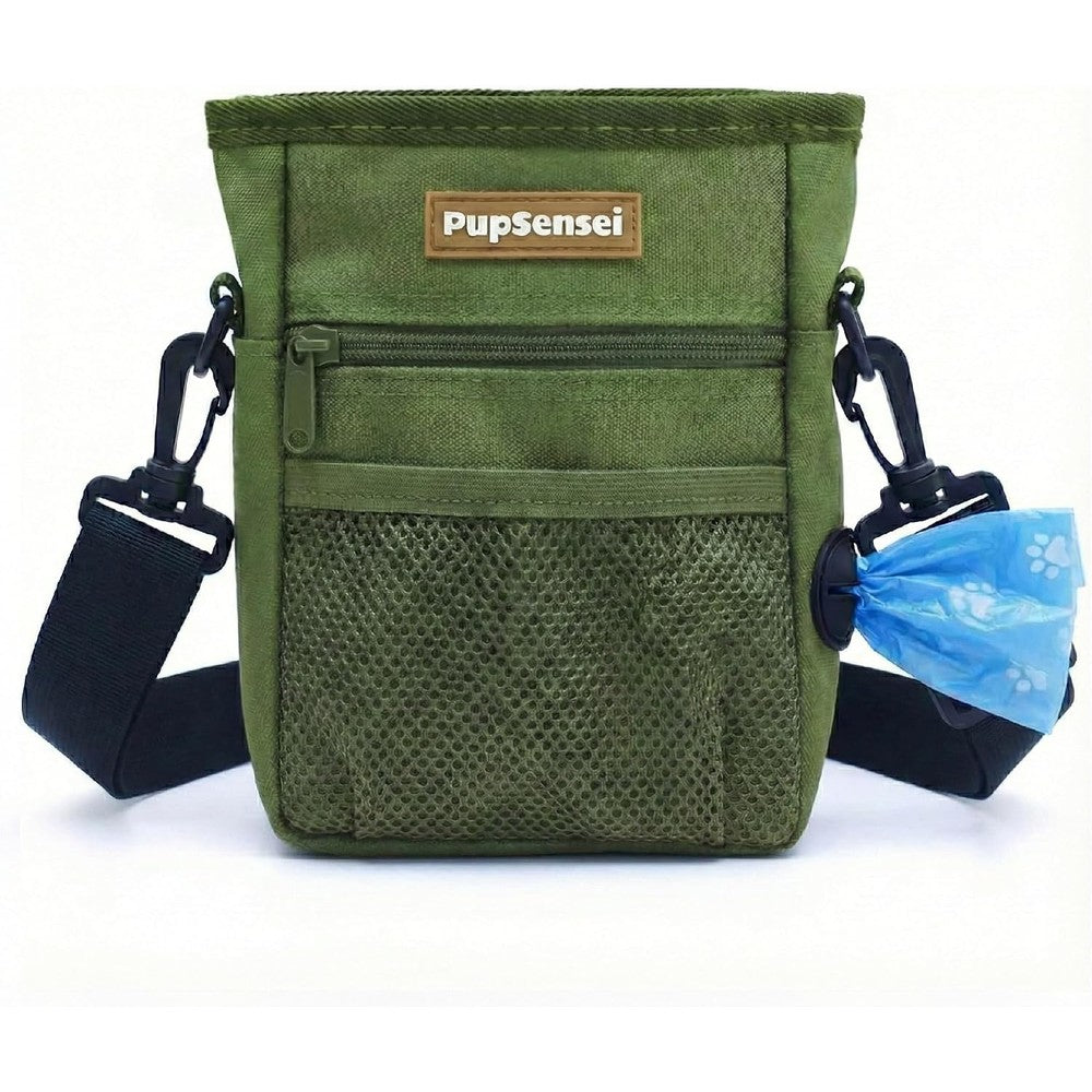 PupSensei Dog Treat Pouch for Training Magnetic Pet Training Bag with Belt Clip Waist Strap and Poop Bag Dispenser Army Green Three Cup Capacity