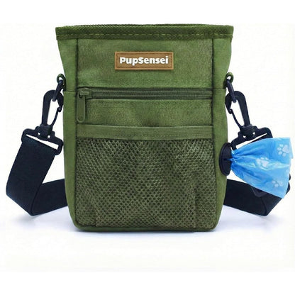 PupSensei Dog Treat Pouch for Training Magnetic Pet Training Bag with Belt Clip Waist Strap and Poop Bag Dispenser Army Green Three Cup Capacity