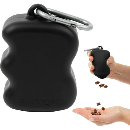 Springer Dog Treat Pouch for Effort-Free Squeeze Dispensing Food-Grade Silicone Training Bag with Carabiner Black
