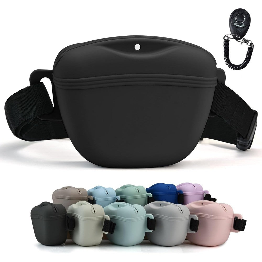 AUDWUD Upgraded Magnetic Silicone Dog Treat Pouch With Adjustable Waist Belt And Training Clicker Hands Free Portable Pet Snack Bag Dark Grey