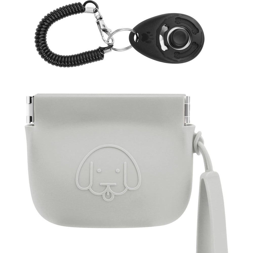 WALLFID Silicone Dog Treat Pouch Small Bag with Automatic Magnetic Closure and Pet Training Clicker for Dogs and Cats Light Grey 4 by 3.3 Inches