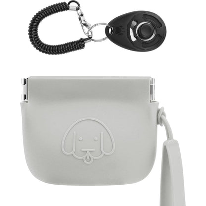 WALLFID Silicone Dog Treat Pouch Small Bag with Automatic Magnetic Closure and Pet Training Clicker for Dogs and Cats Light Grey 4 by 3.3 Inches