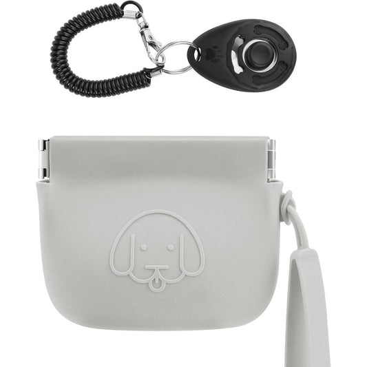 WALLFID Silicone Dog Treat Pouch Small Bag with Automatic Magnetic Closure and Pet Training Clicker for Dogs and Cats Light Grey 4 by 3.3 Inches