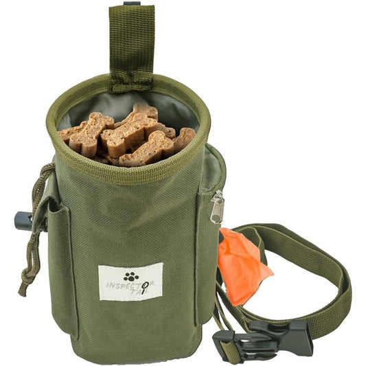 Inspector Tail Dog Treat Training Pouch Classic Green Two Cup Capacity Hands Free Bag with Built In Poop Bag Dispenser and Adjustable Strap
