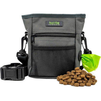 Mighty Paw Dog Treat Pouch 2.0 Grey Hands Free Pet Training Snack Bag With No Spill Magnetic Clasp And Poop Bag Holder Two Cup Capacity