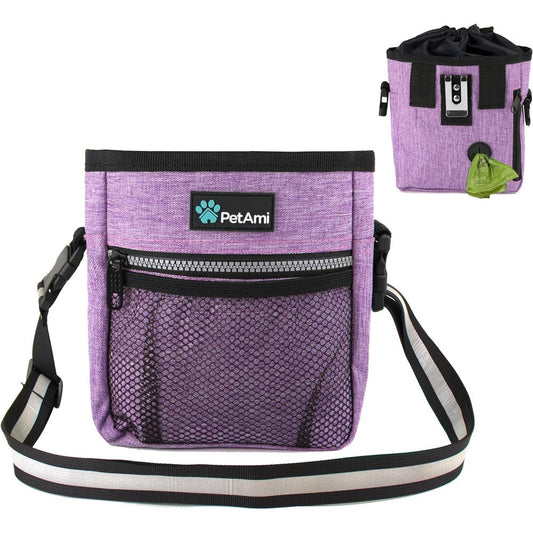 PetAmi Deluxe Dog Training Pouch With Waist And Shoulder Strap Built In Poop Bag Dispenser And Collapsible Bowl For Treats And Kibbles Purple