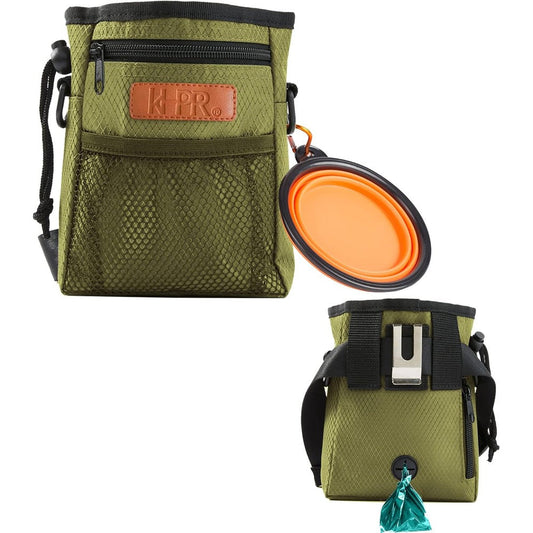 KHPR Dog Treat Training Pouch Weather Resistant Pet Treats Kibble And Toys Carry Bag With Built In Poop Bag Dispenser Army Green