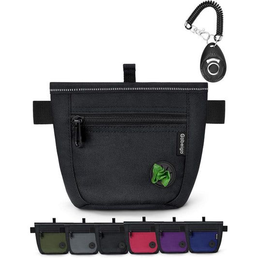 Gobeigo Dog Treat Pouch And Training Clicker Waist Belt Fanny Pack With Two Magnetic Closures And Poop Bag Dispenser Two Cup Capacity Black