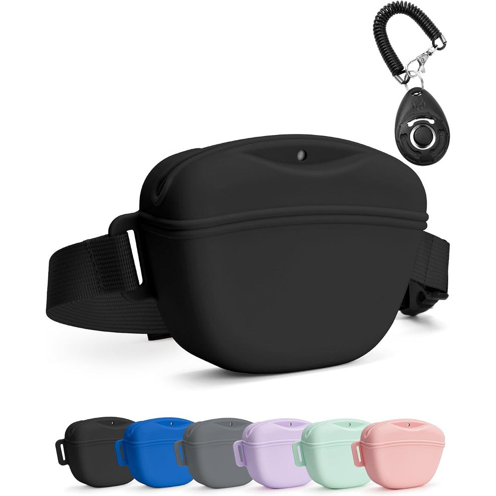 Heouvo Silicone Dog Treat Pouch With Pet Training Clicker And Adjustable Waist Belt One Point Six Seven Cup Capacity Black