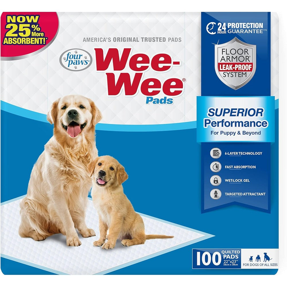 Four Paws Wee-Wee Superior Performance Unscented Pee Pads For Dogs And Puppies Quilted Potty Training Floor Protection 22 By 23 Inches 100 Count