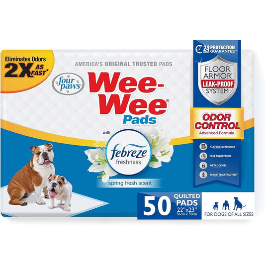 Four Paws Wee-Wee Odor Control Puppy Training Pee Pads With Febreze Freshness Spring Fresh Scent 22 Inches By 23 Inches 50 Count