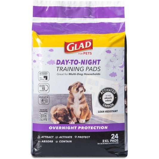Glad For Pets Day To Night Activated Carbon Puppy Training Pads Giant Sized Charcoal Dog Pee Pads Thirty By Thirty Six Inch Twenty Four Count