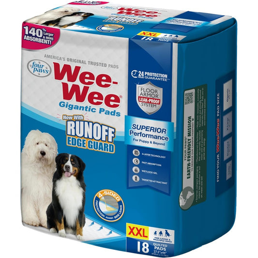 Four Paws Wee Wee Superior Performance Gigantic Dog Pee Pads With Runoff Edge Guard Forty Four By Twenty Seven Point Five Inches Eighteen Count