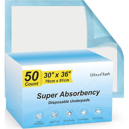 Wowflash Super Absorbency Disposable Leakproof Underpads with Quick Drying for Baby, Adults, Puppy, Dog Bed Pee Pads, Extra Large, XXL Incontinence Pads, 30" x 36", 50 Count