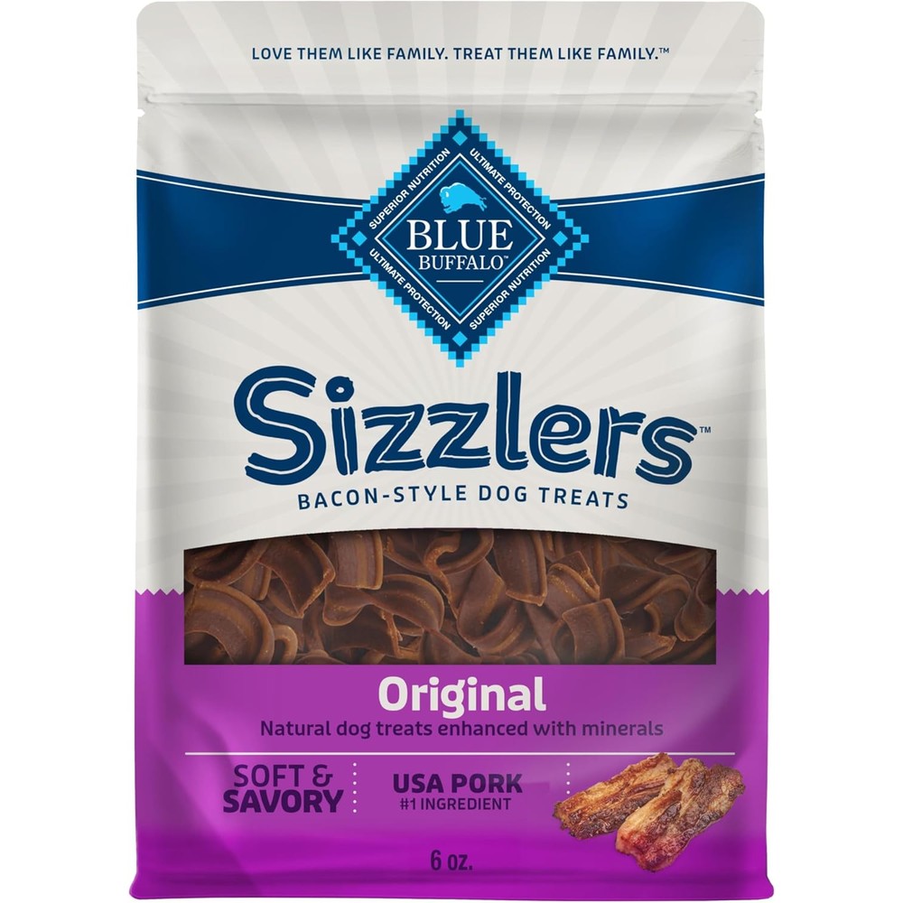 Blue Buffalo Sizzlers Natural Soft Dog Treats Bacon Style Soft Moist Dog Treats With Real USA Pork Original Flavor 6 Ounce Bag