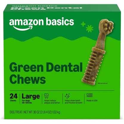 Amazon Basics Dental Dog Treats To Help Clean Teeth And Freshen Breath For Large Dogs Unflavored 24 Count Pack 2.25 Pounds