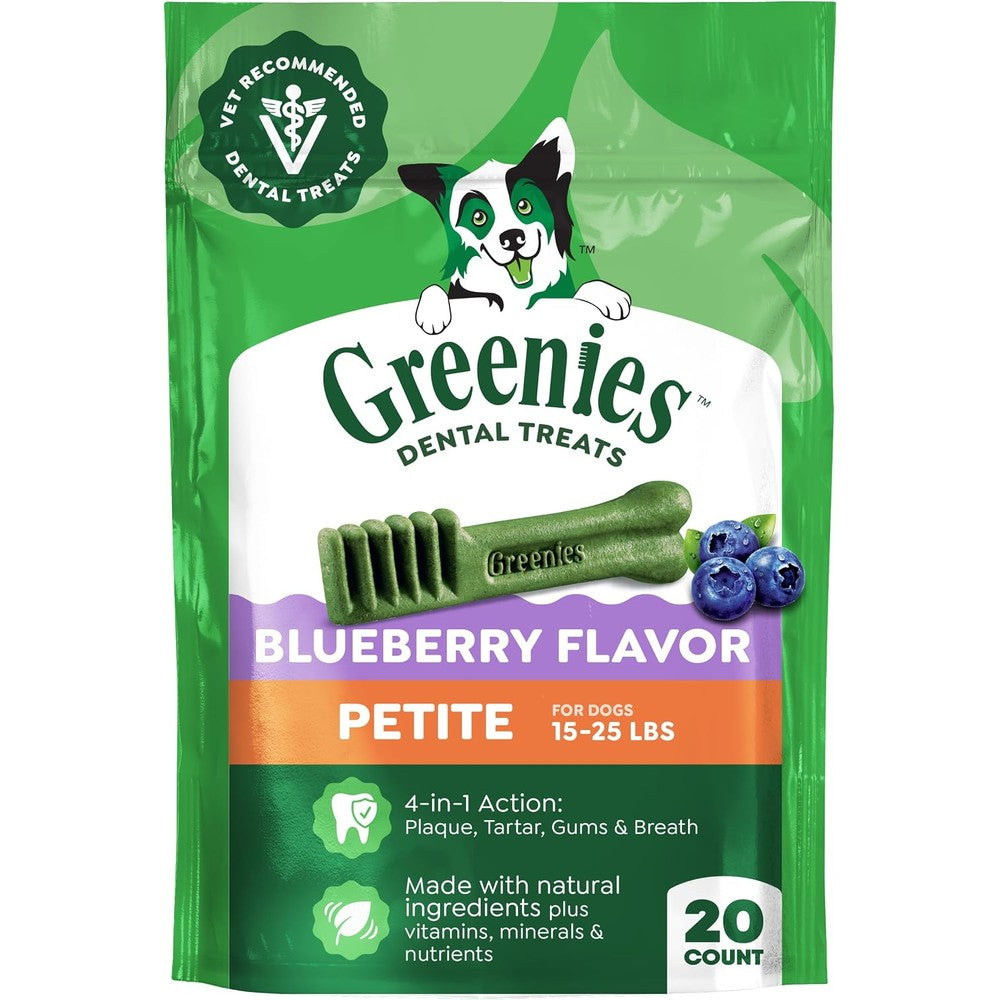 Greenies Veterinarian Recommended Adult Natural Dental Dog Treats Petite Size Blueberry Flavor 12 Ounce Pack 20 Count