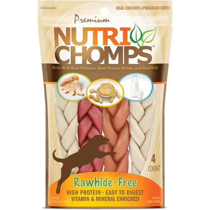 NutriChomps Dog Chews 6 Inch Braids Rawhide Free Assorted Chicken Peanut Butter And Milk Flavored Long Lasting Dog Treats Pack Of 4