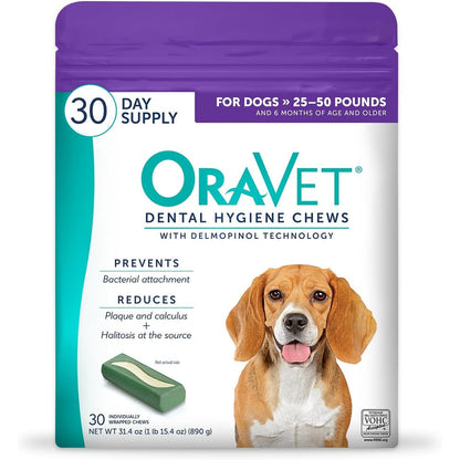 OraVet Dental Hygiene Chews for Medium Dogs 25 to 50 Pounds Oral Care and Plaque Prevention Purple Pouch 30 Count