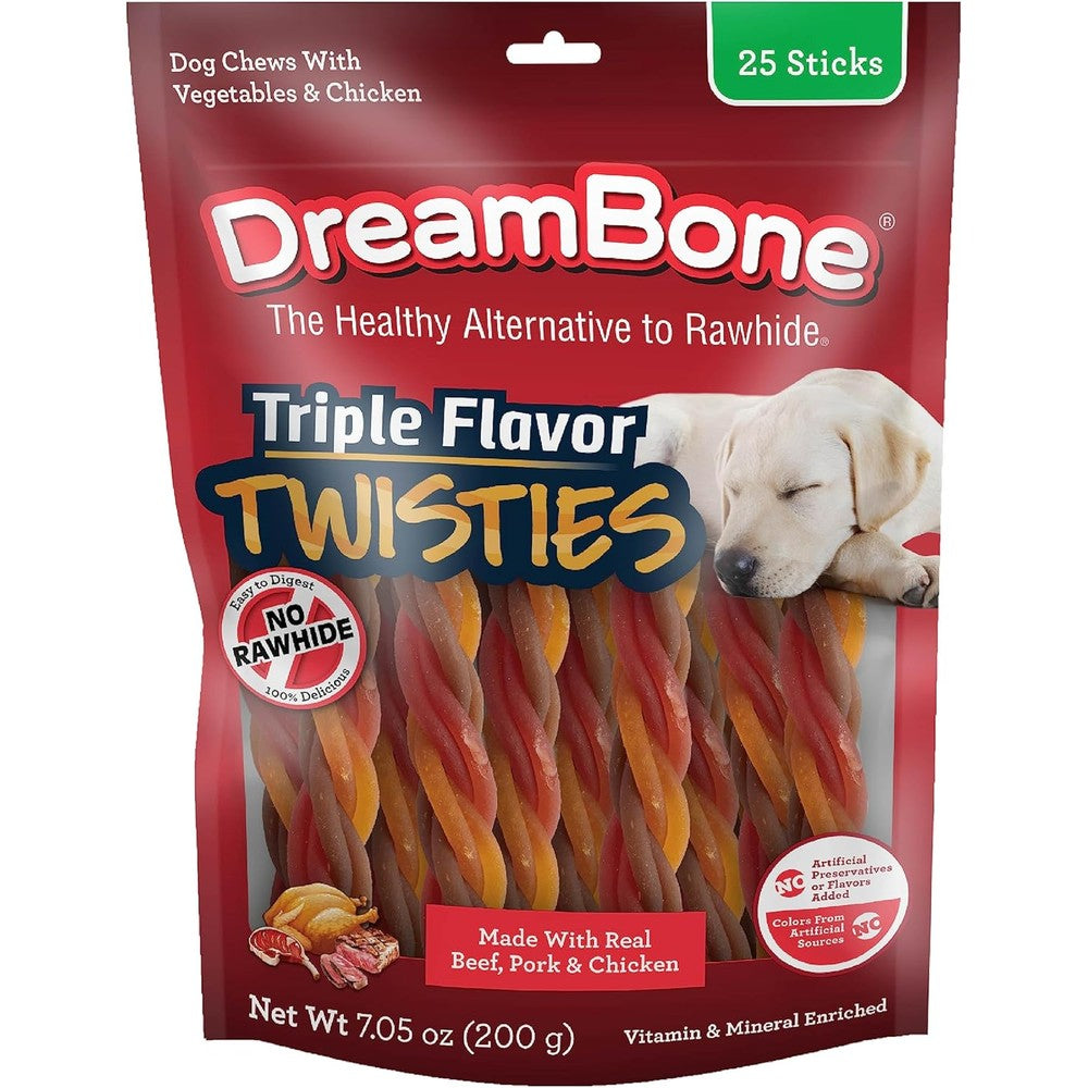 DreamBone Triple Flavor Twisties Dog Treats Rawhide Free Easily Digestible Chews With Real Beef Pork Chicken And Vegetables 25 Count