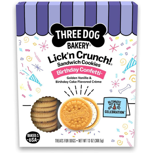 Three Dog Bakery Birthday Confetti Lick'n Crunch Vanilla Sandwich Dog Cookies With Cake Flavored Creme Filling And Sprinkles 13 Ounce