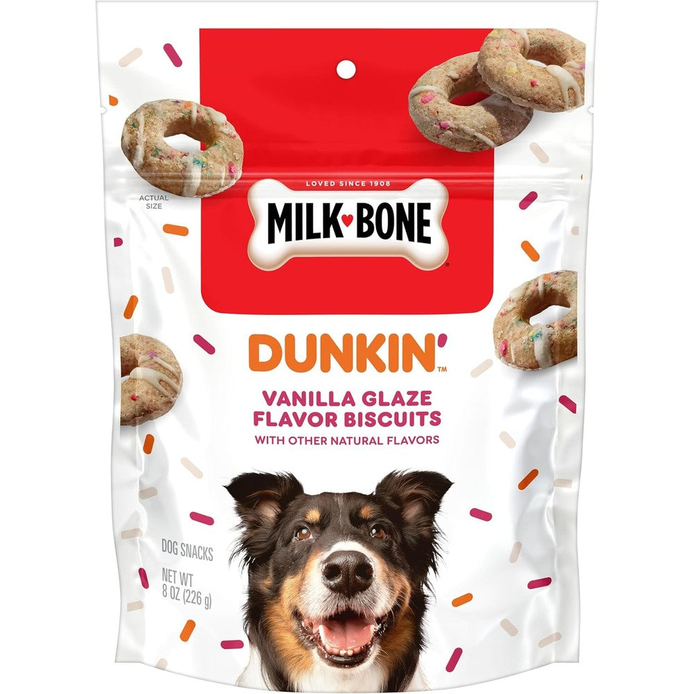 Milk-Bone Dunkin' Vanilla Glaze Flavor Dog Biscuits Dipped And Drizzled Crunchy Limited Edition Treats For Adult Dogs Eight Ounce Bag