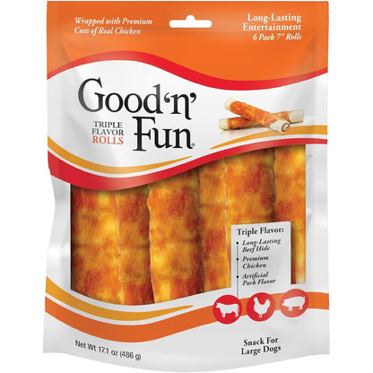 Good 'n' Fun Triple Flavor Seven Inch Rolls Long Lasting Rawhide Chews For Large Dogs Made With Premium Chicken And Beef Hide Six Count