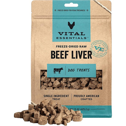 Vital Essentials Freeze Dried Raw Single Ingredient Beef Liver Grain Free Dog Treats 15 Ounce Bag