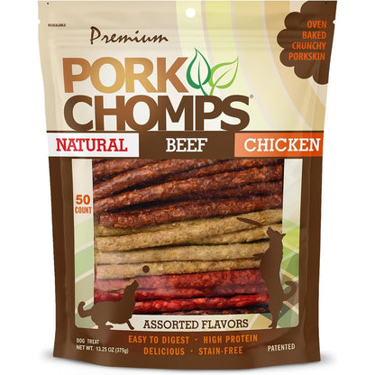 Pork Chomps Dog Chews Five Inch Munchy Sticks Fifty Count Assorted Flavors Roasted Pork Chicken And Bacon Long Lasting Healthy Treats