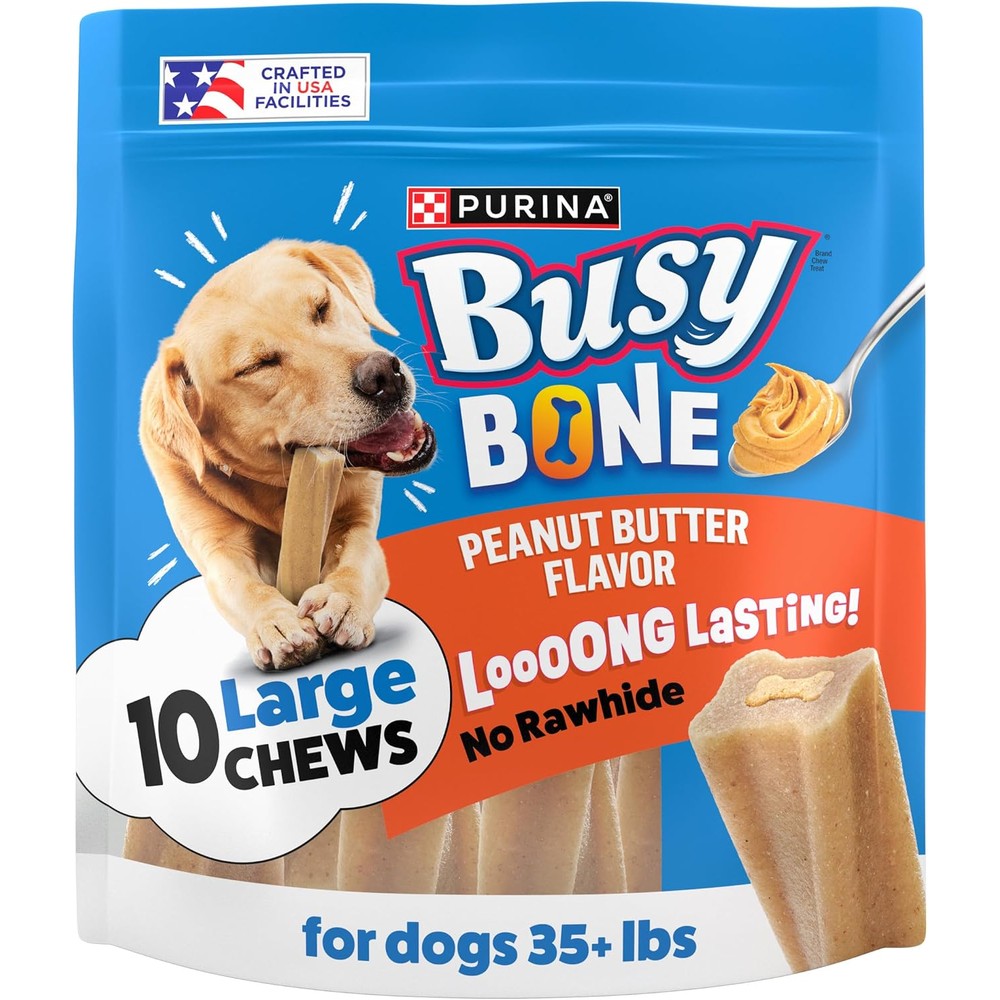 Purina Busy Bone Adult Dog Chew Bone Treats Peanut Butter Flavor Rawhide Free Long Lasting Dog Chews Ten Count Pouch