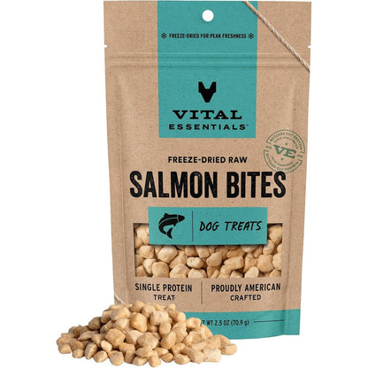 Vital Essentials Freeze Dried Raw Single Ingredient Salmon Bites Dog Treats Grain Free Premium Training Reward 2.5 Ounce Bag