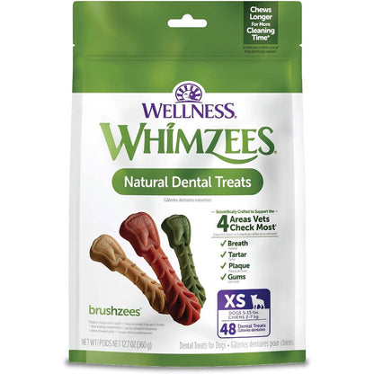 Whimzees Wellness Brushzees Natural Grain Free Dental Dog Treats For Extra Small Dogs Forty Eight Count Twelve Point Seven Ounce Bag