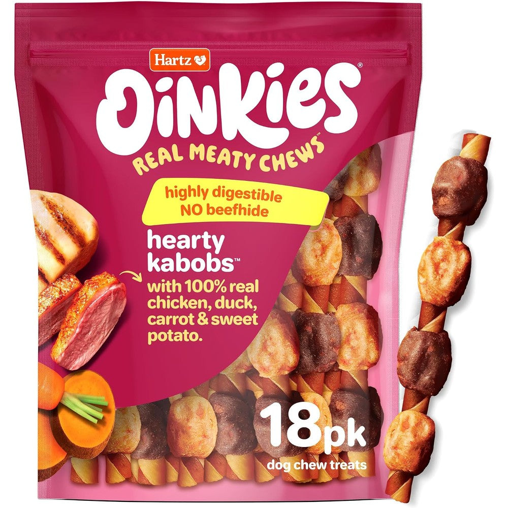 Hartz Oinkies Meathouse And Veg Hearty Kabobs Rawhide Free Dog Treats With Chicken And Duck 18 Count