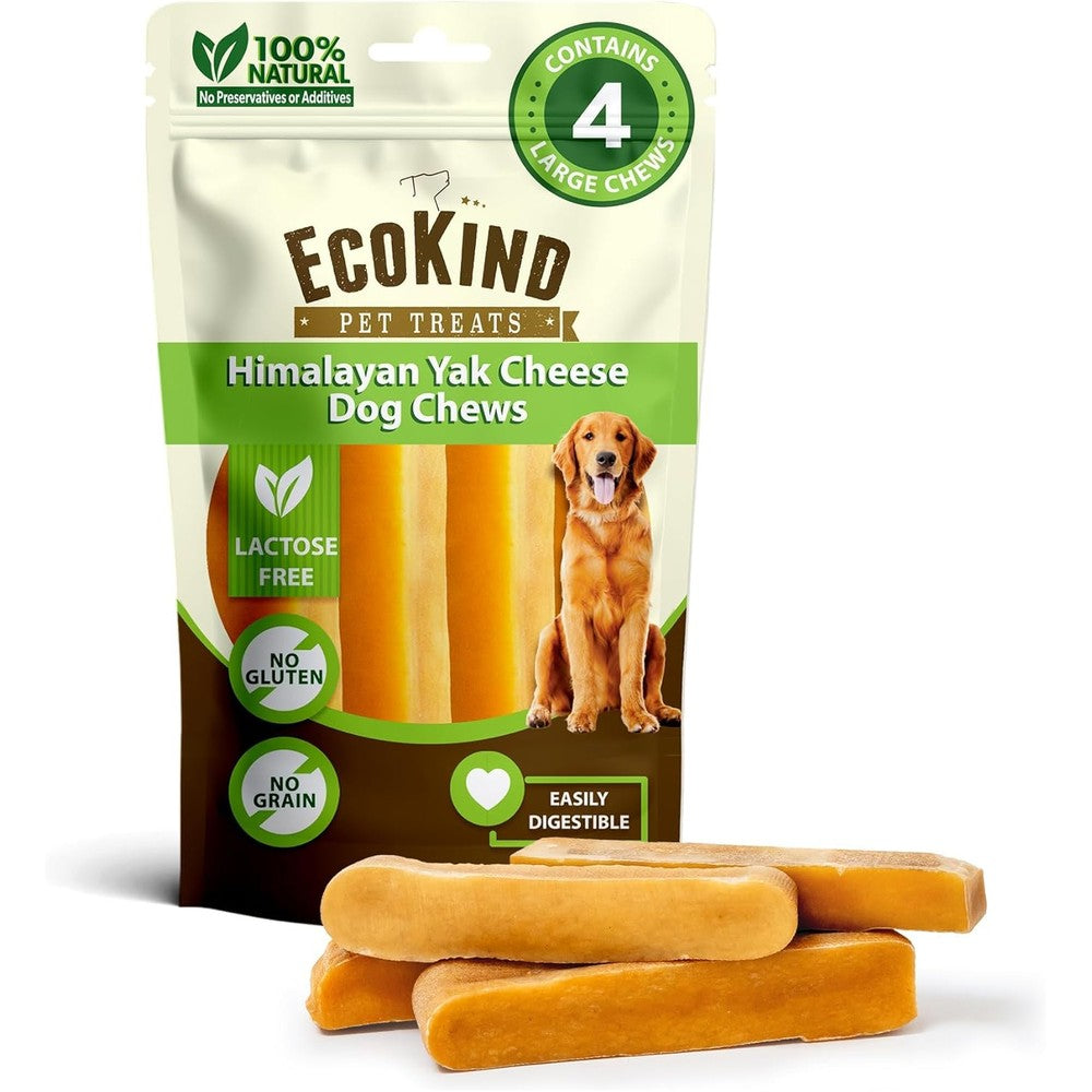 EcoKind Premium Gold Yak Cheese Himalayan Dog Chews For Large Breeds Long Lasting Bone For Aggressive Chewers Three Ingredient Formula Four Count O...