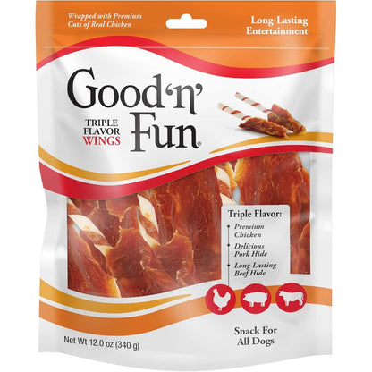 Good 'n' Fun Triple Flavor Wings Long Lasting Dog Treat With Premium Chicken Pork And Beef Hide Twelve Ounce