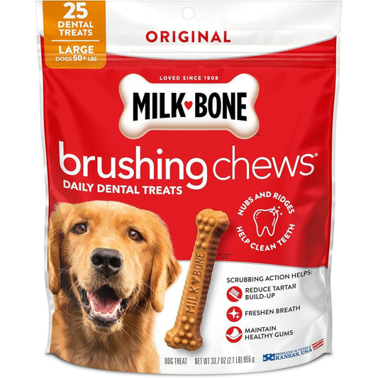 Milk-Bone Brushing Chews Original Chicken Flavor Daily Dental Dog Treats For Large Dogs 33.7 Ounce Bag 25 Count