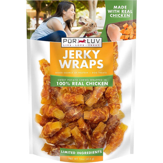 Pur Luv Chicken Wrapped Sweet Potato Dog Treats Rawhide Free Jerky Wraps Sixteen Ounces