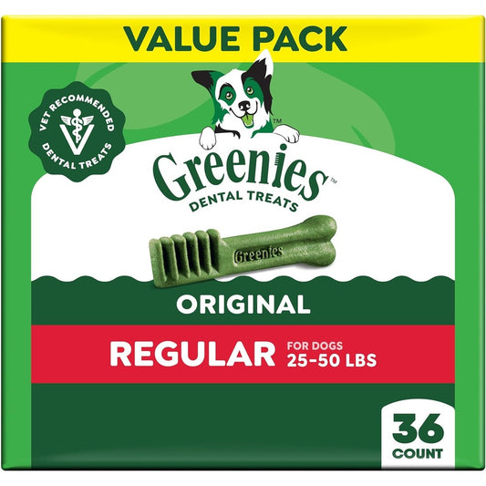 GREENIES Canine Dental Chews Regular Size Original Flavor Value Tub Natural Dog Dental Treats For Plaque And Tartar Care 36 Ounce 36 Count