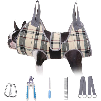 Beautyzoo Dog Grooming Hammock For Small Dogs And Cats With Adjustable Harness And Neck Support Beige Size Small