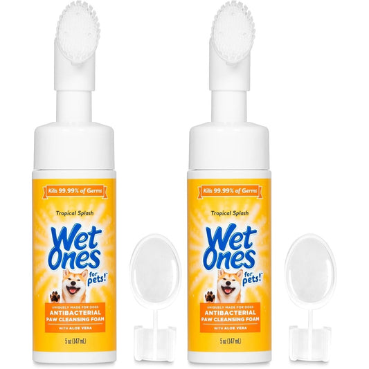 Wet Ones For Pets Antibacterial Dog Paw Cleaner With Built-In Scrubber Brush Foaming No-Rinse Formula Tropical Splash Scent 5 Ounce 2 Pack